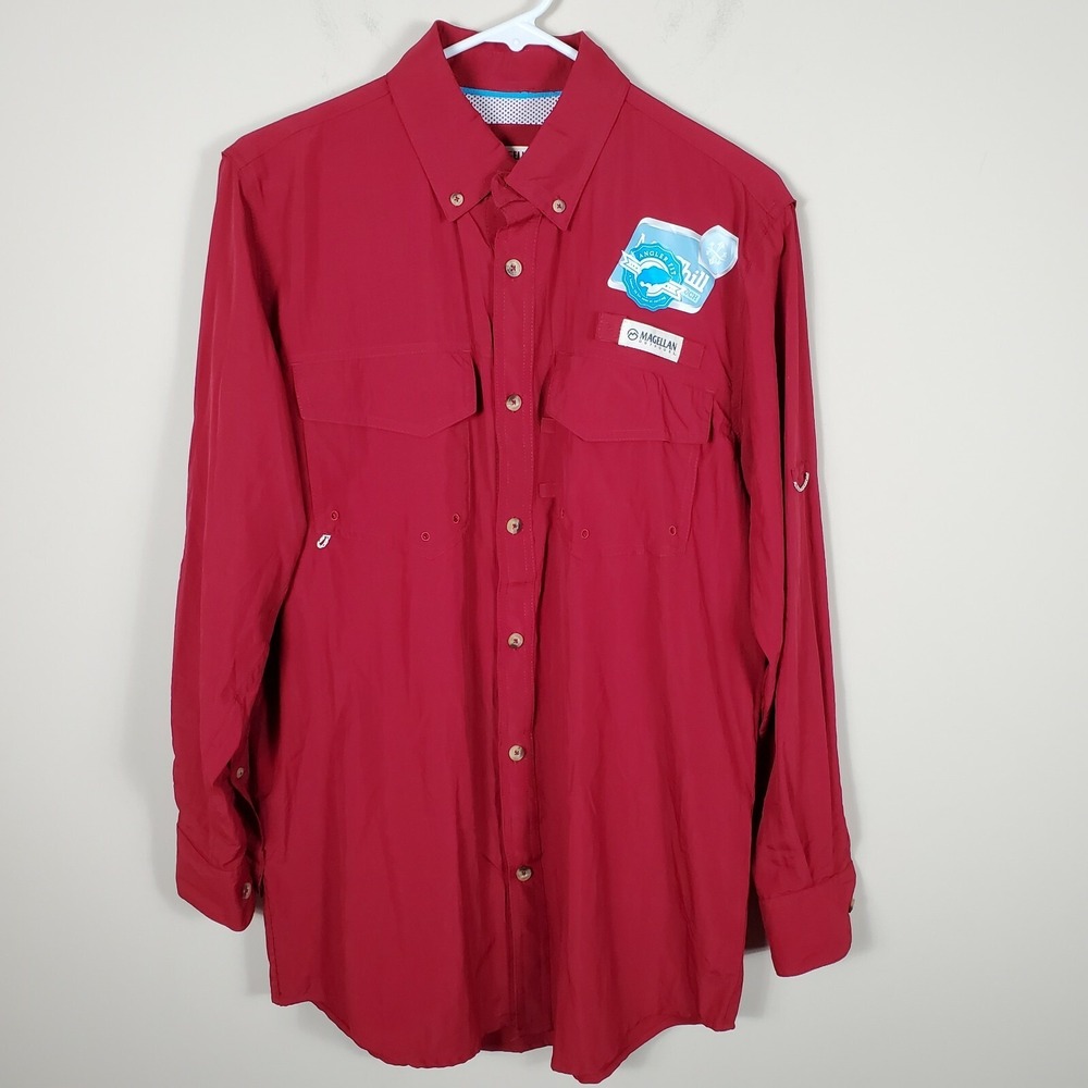 Magellan Red Fishing Long Sleeve Button Up Top Mens S NWT‎